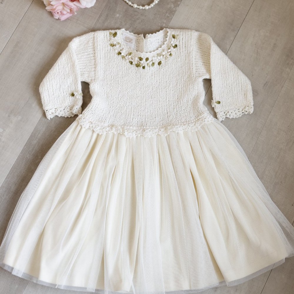 Ivory Tulle and 100% Cotton Sweater Dress Size 2 Boutique Couture NWOT